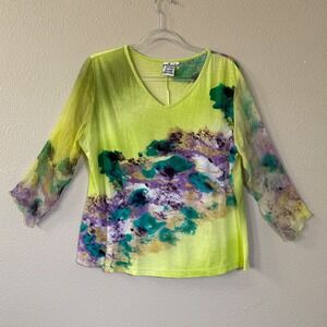 Parsley & Sage Art Abstract Print V Neck Lightweight Mesh Sleeve Top Size Large